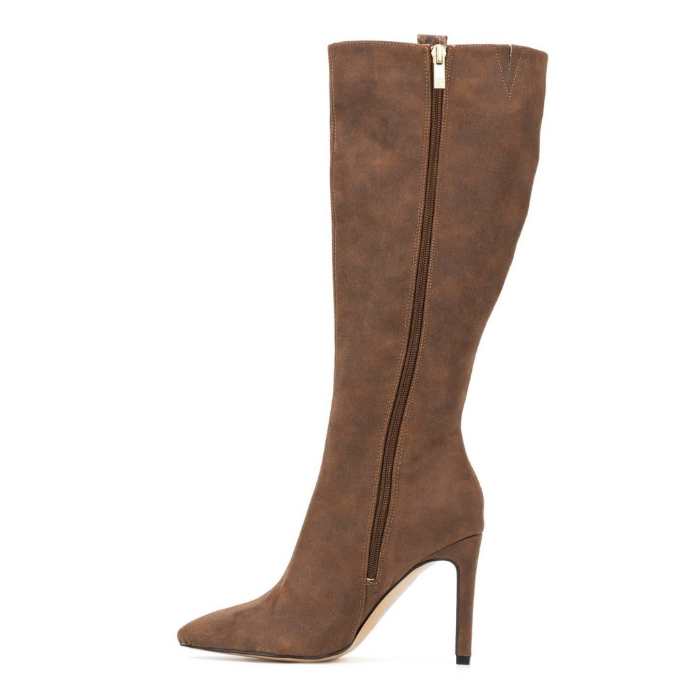 NY Collection Brown Suede Pointed Toe Knee High Stiletto Boots Zip 8.5 - Picture 2 of 14